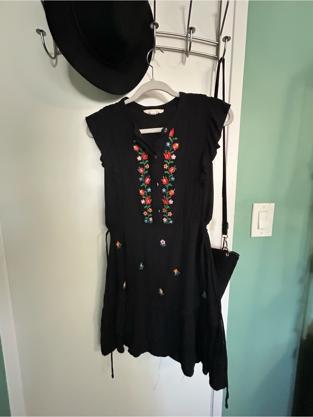 lovestitch Black Mini Dress with Multicolor Floral Embroidery